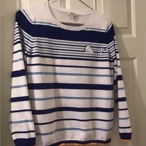 TALBOTS MP Crewneck Sweater Pullover Blue White Whale Striped Long Sleeve